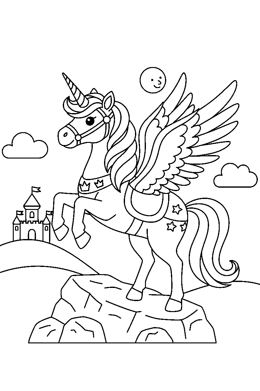 royal unicorn getting ready to fly in a fantasy land line art