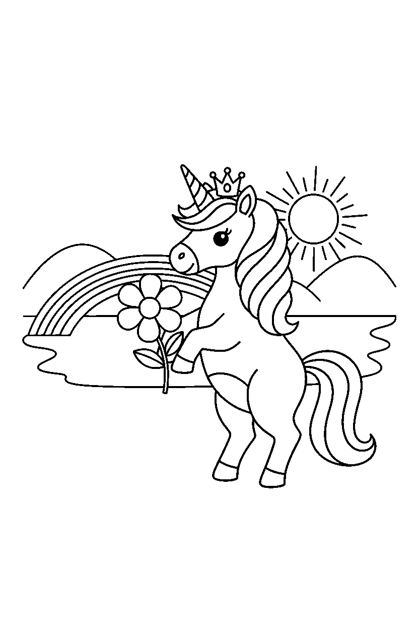 royal unicorn holding a flower near a rainbow bridge line art