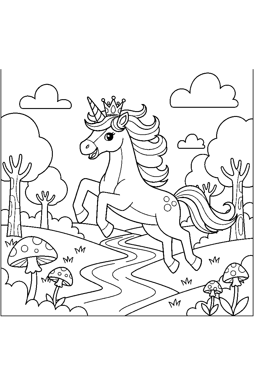 royal unicorn jumping happily in a fairy valley line art