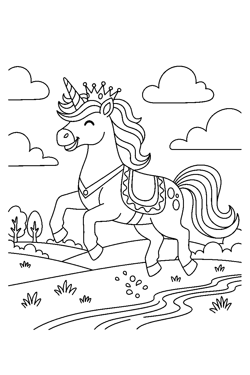 royal unicorn playing happily in a peaceful countryside line art