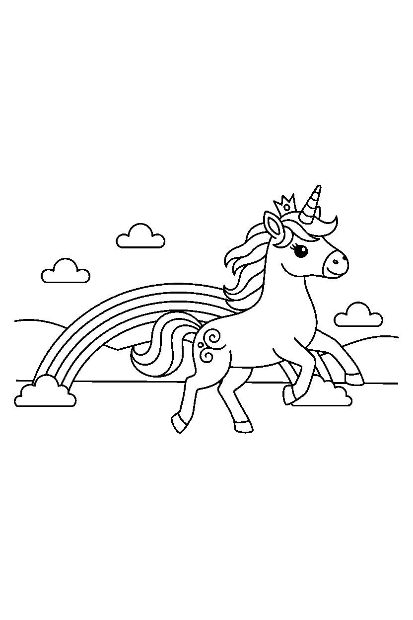royal unicorn running happily near a rainbow bridge line art