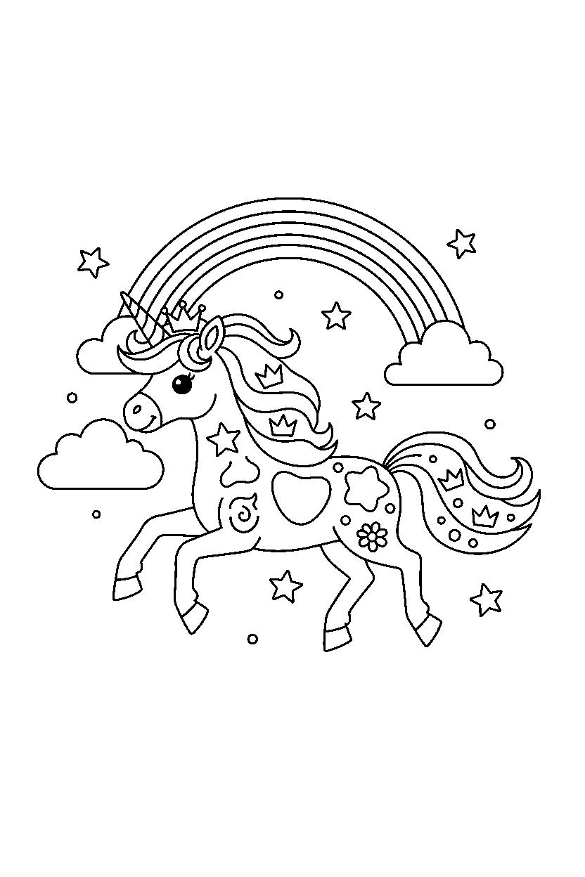 royal unicorn running happily under a rainbow sky line art
