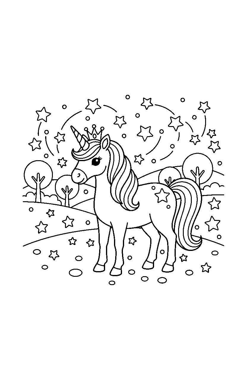 royal unicorn standing peacefully in a starry valley line art