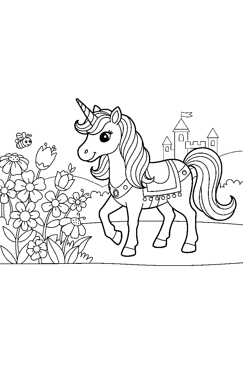 royal unicorn walking happily near a flower garden line art