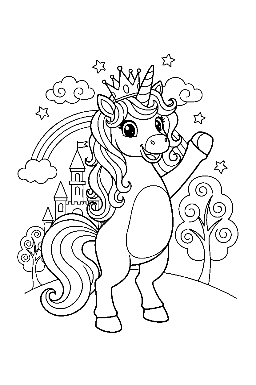 royal unicorn waving happily in a magic kingdom line art