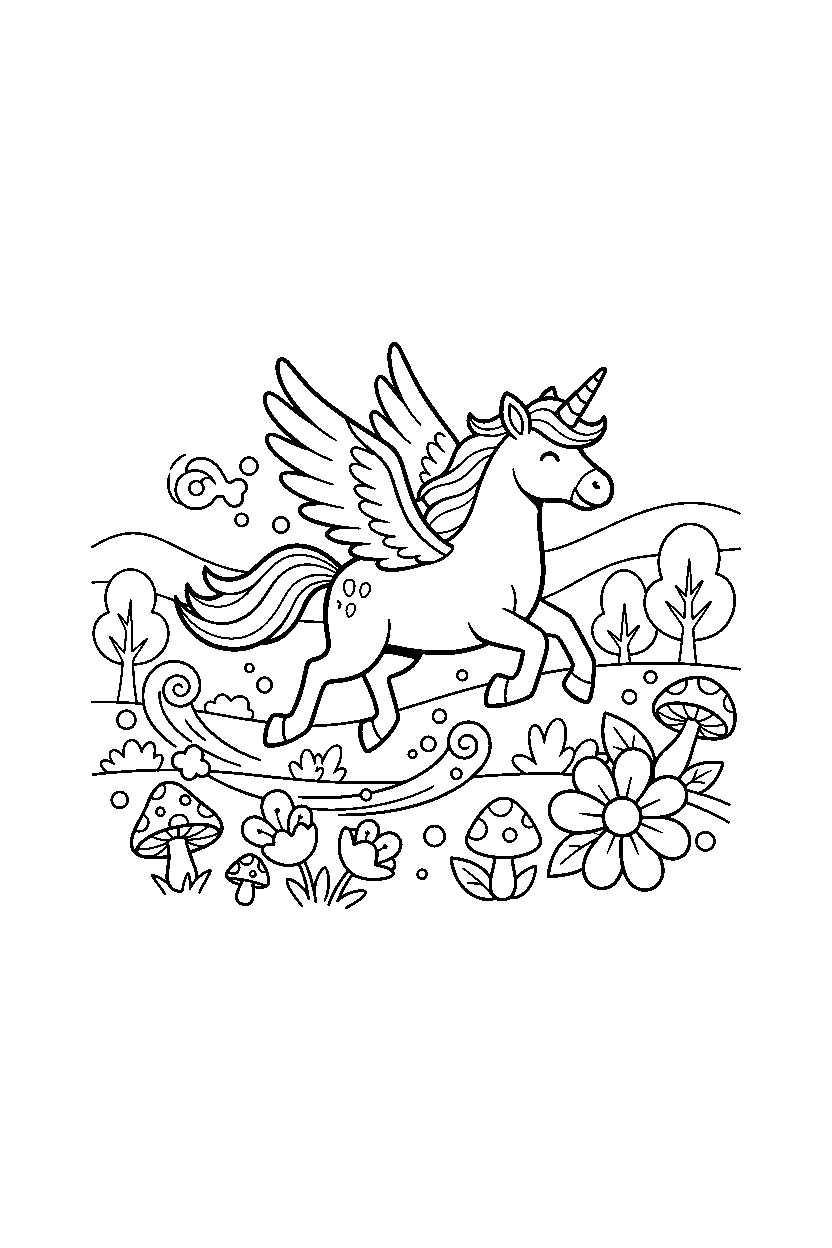 running unicorn flying happily in an enchanted meadow line art