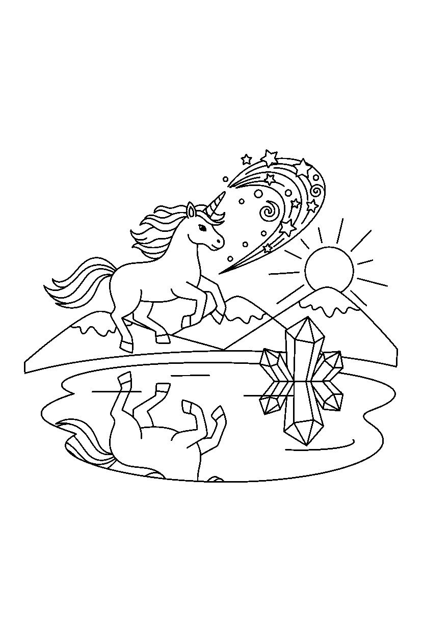 running unicorn making a magic sparkle near a crystal lake line art