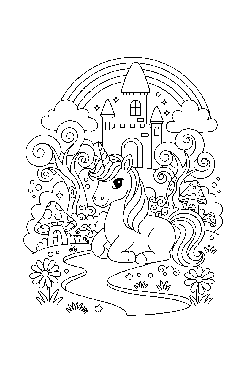running unicorn sitting peacefully in a magic kingdom line art