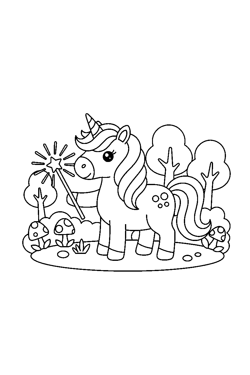 shiny unicorn holding a magic wand in an enchanted meadow line art