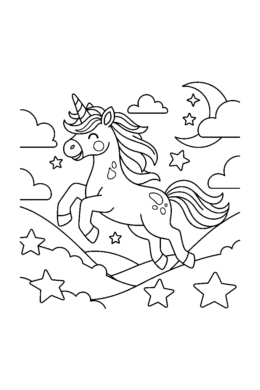 shiny unicorn jumping happily in a starry valley line art