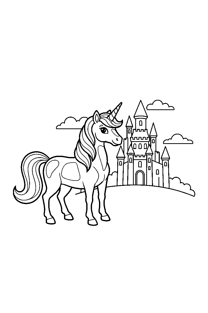 shiny unicorn looking around near a castle line art