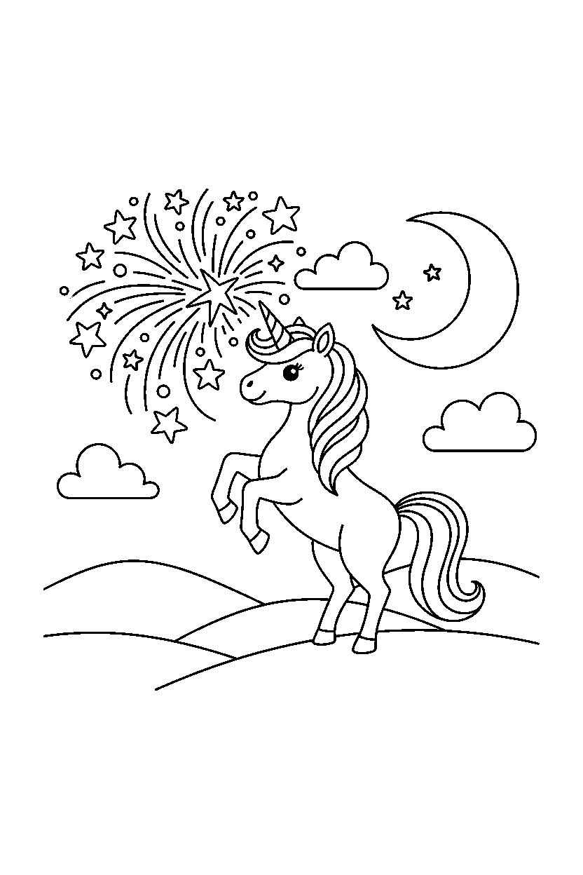 shiny unicorn making a magic sparkle in a dreamy landscape line art