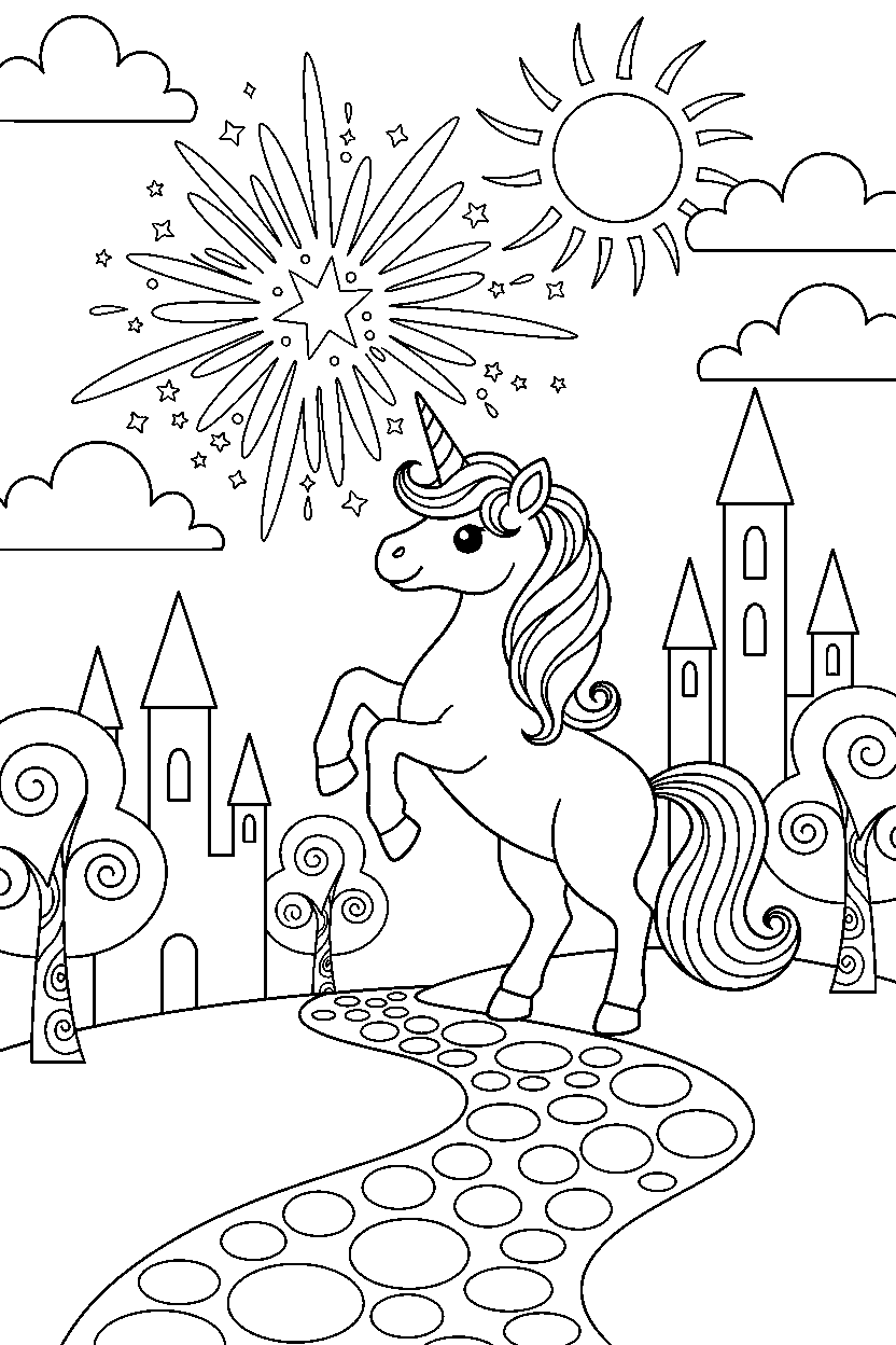 shiny unicorn making a magic sparkle in a magic kingdom line art