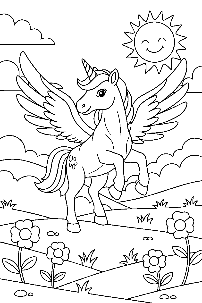 silver unicorn getting ready to fly on a sunny meadow line art