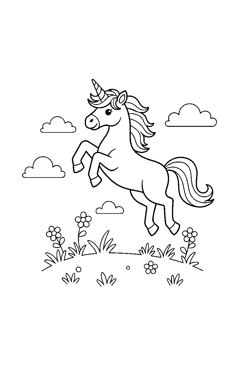silver unicorn jumping with joy on a bright meadow line art