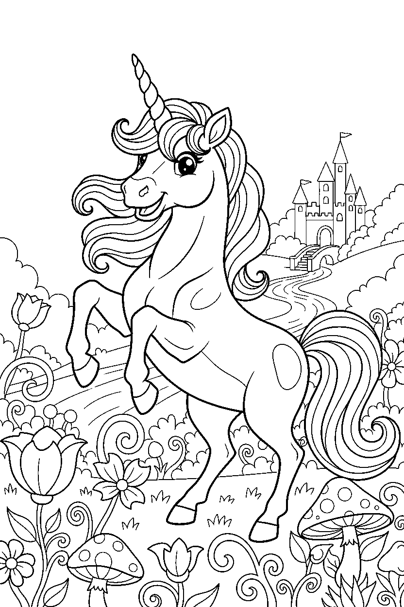silver unicorn looking excited in an enchanted meadow line art