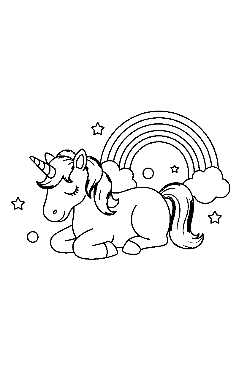 silver unicorn resting peacefully near a rainbow line art