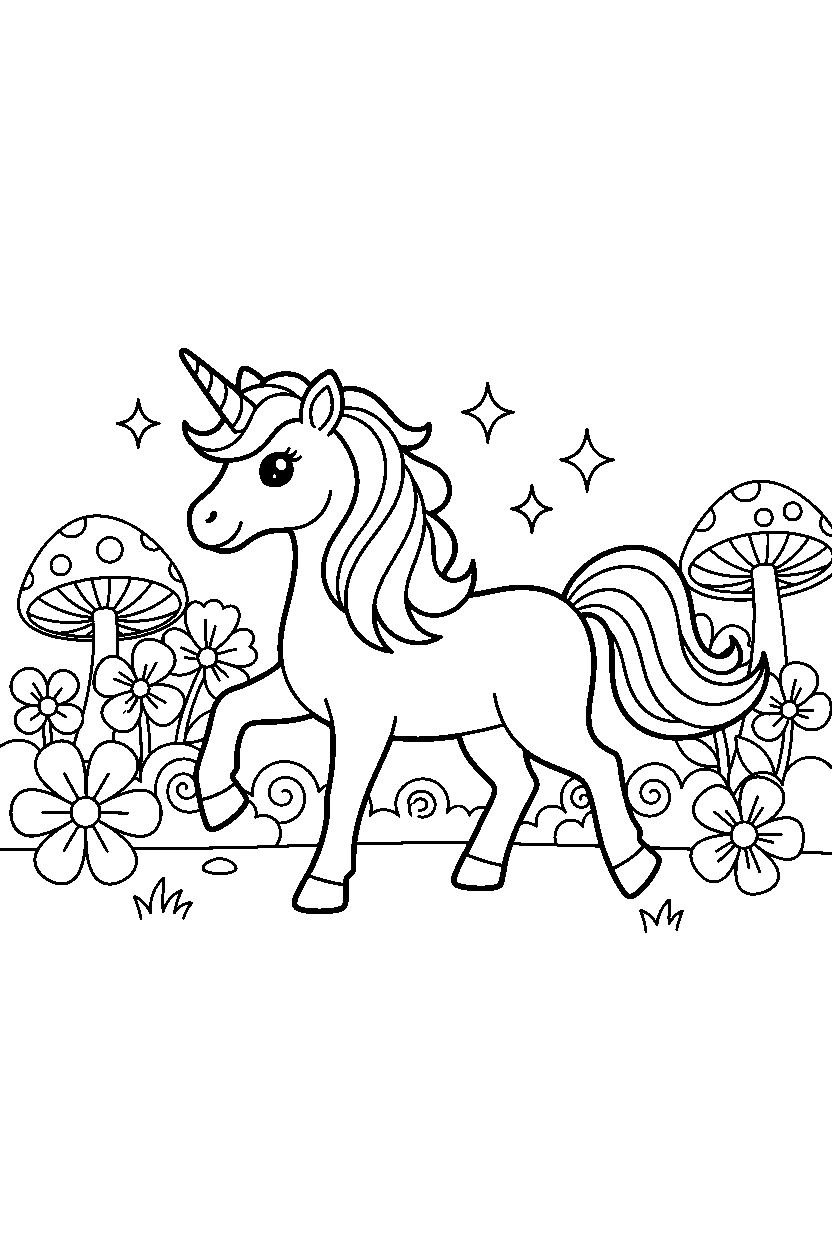 silver unicorn trotting happily in a magical garden line art