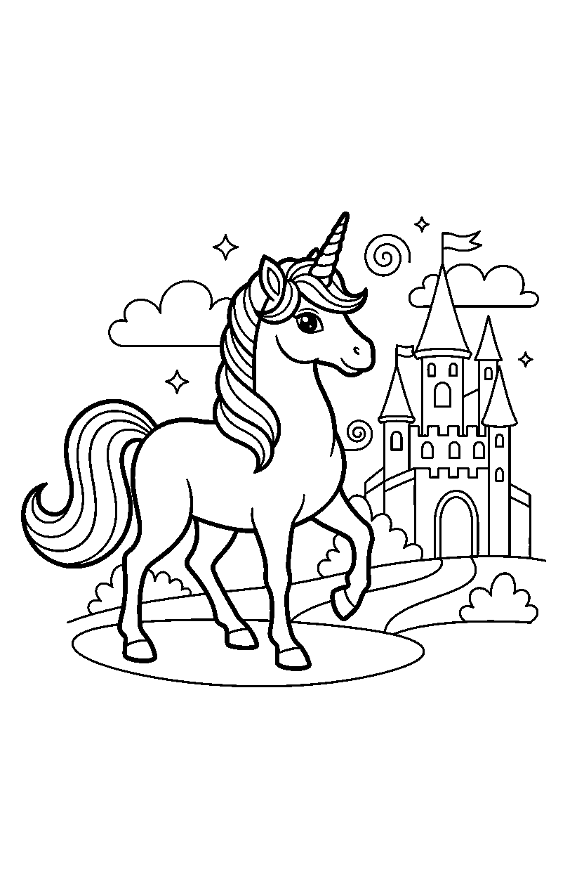 silver unicorn walking proudly near a magic castle line art