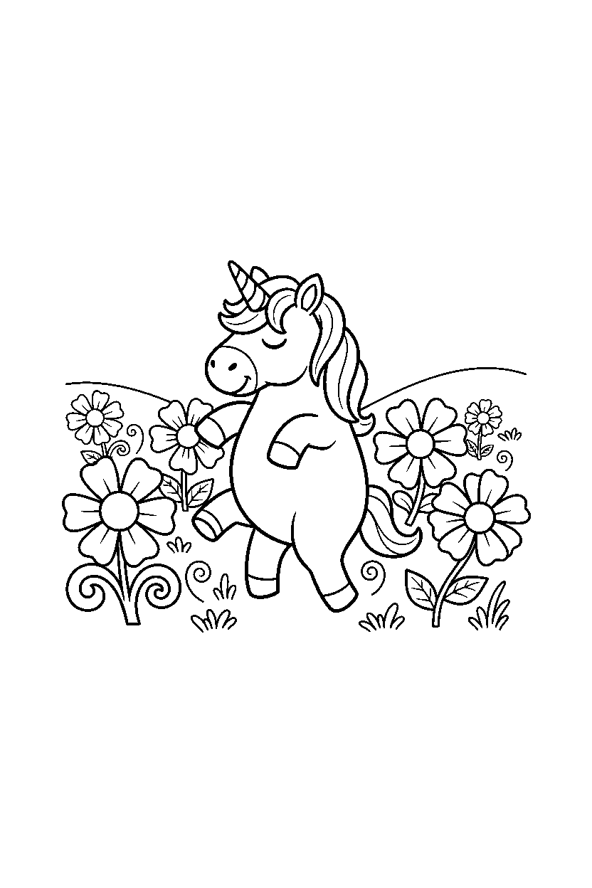 sleepy unicorn exploring happily in a flower field line art