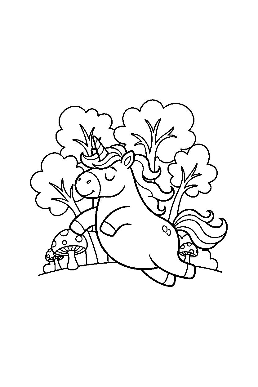 sleepy unicorn jumping happily in a hidden forest line art