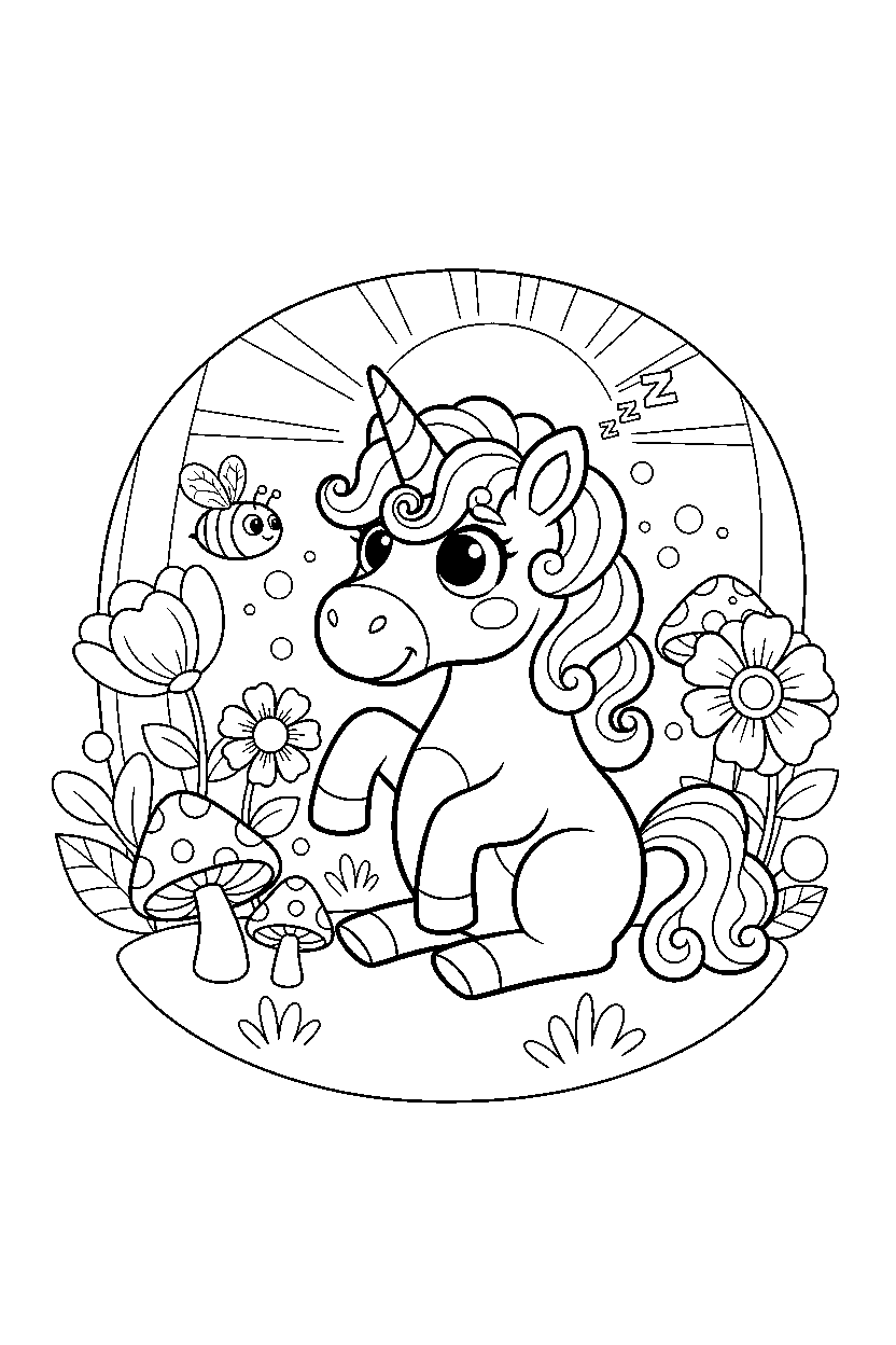 sleepy unicorn looking excited in a fairy garden line art