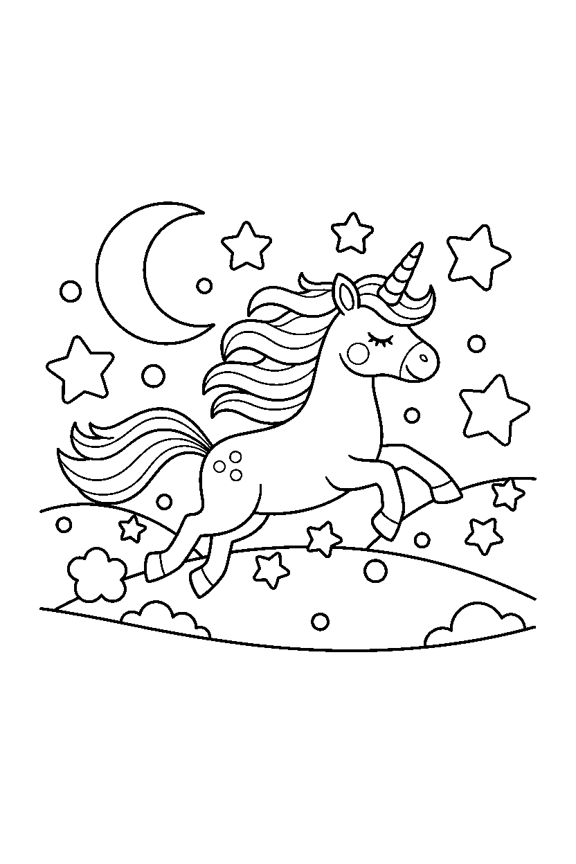 sleepy unicorn running happily in a starry valley line art