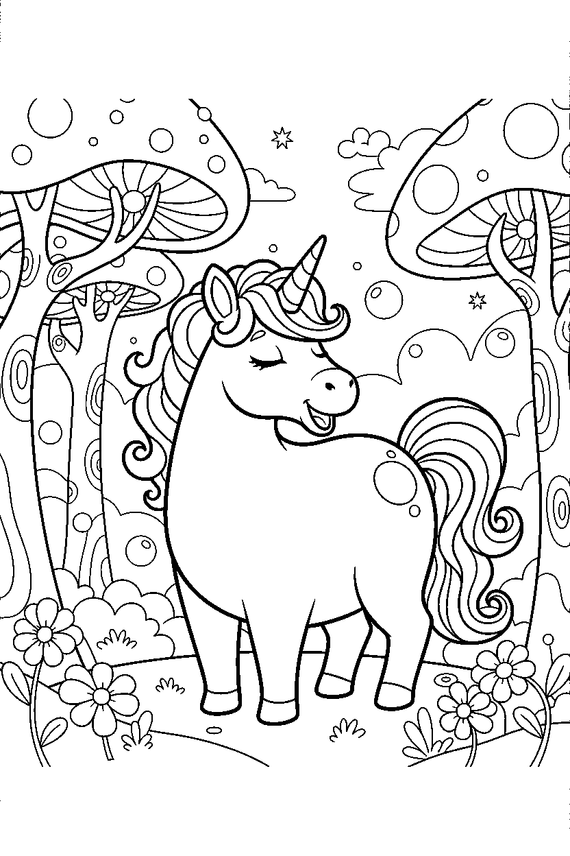 sleepy unicorn standing peacefully in a magical forest line art