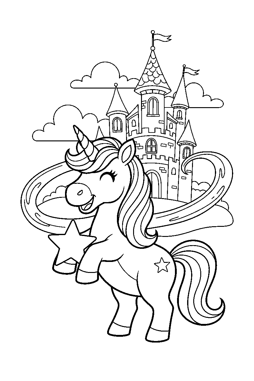 smiling unicorn holding a star near a magic castle line art