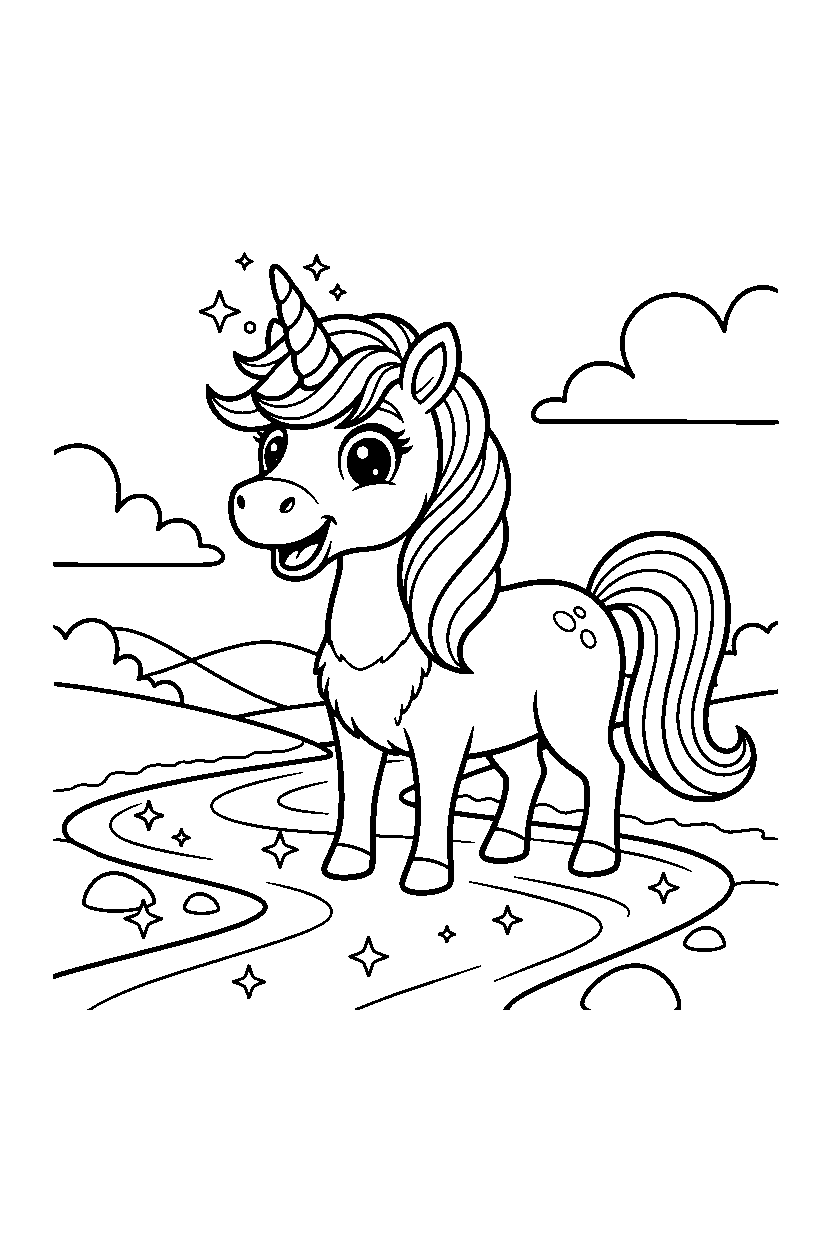 smiling unicorn looking excited near a sparkling river line art