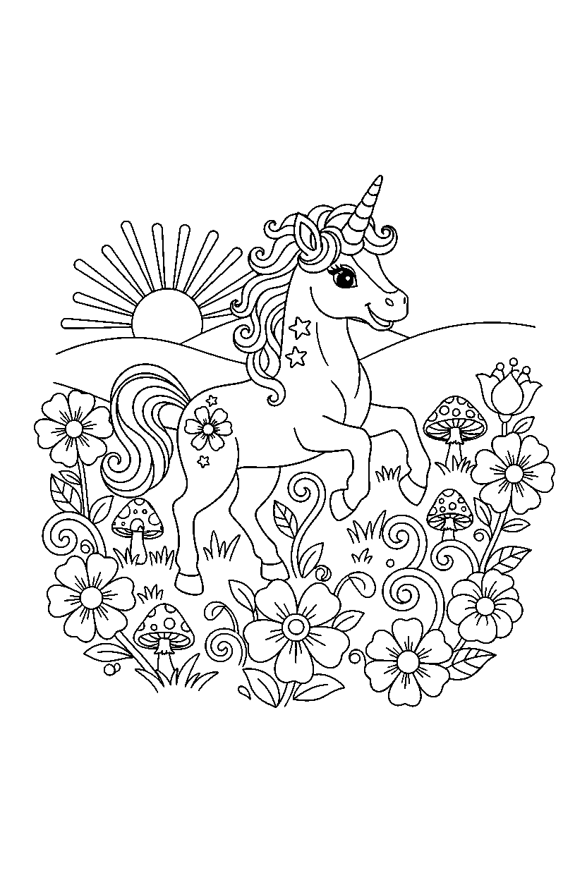 smiling unicorn playing happily in an enchanted meadow line art