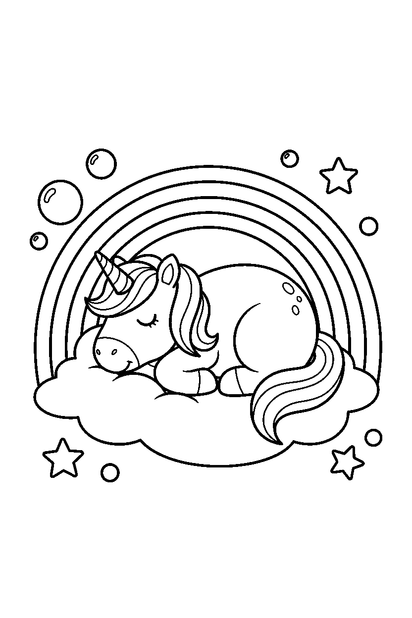 smiling unicorn resting peacefully near a rainbow line art