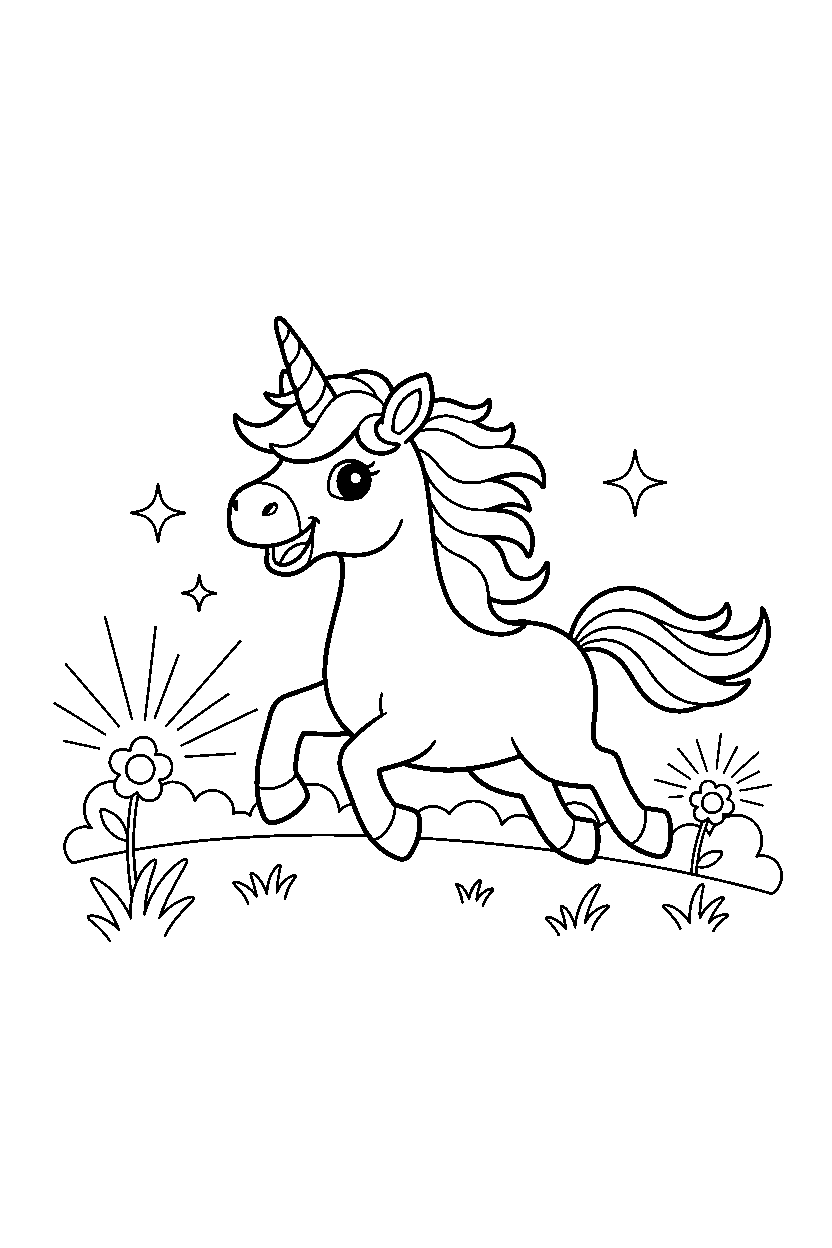 smiling unicorn trotting happily in a glowing meadow line art