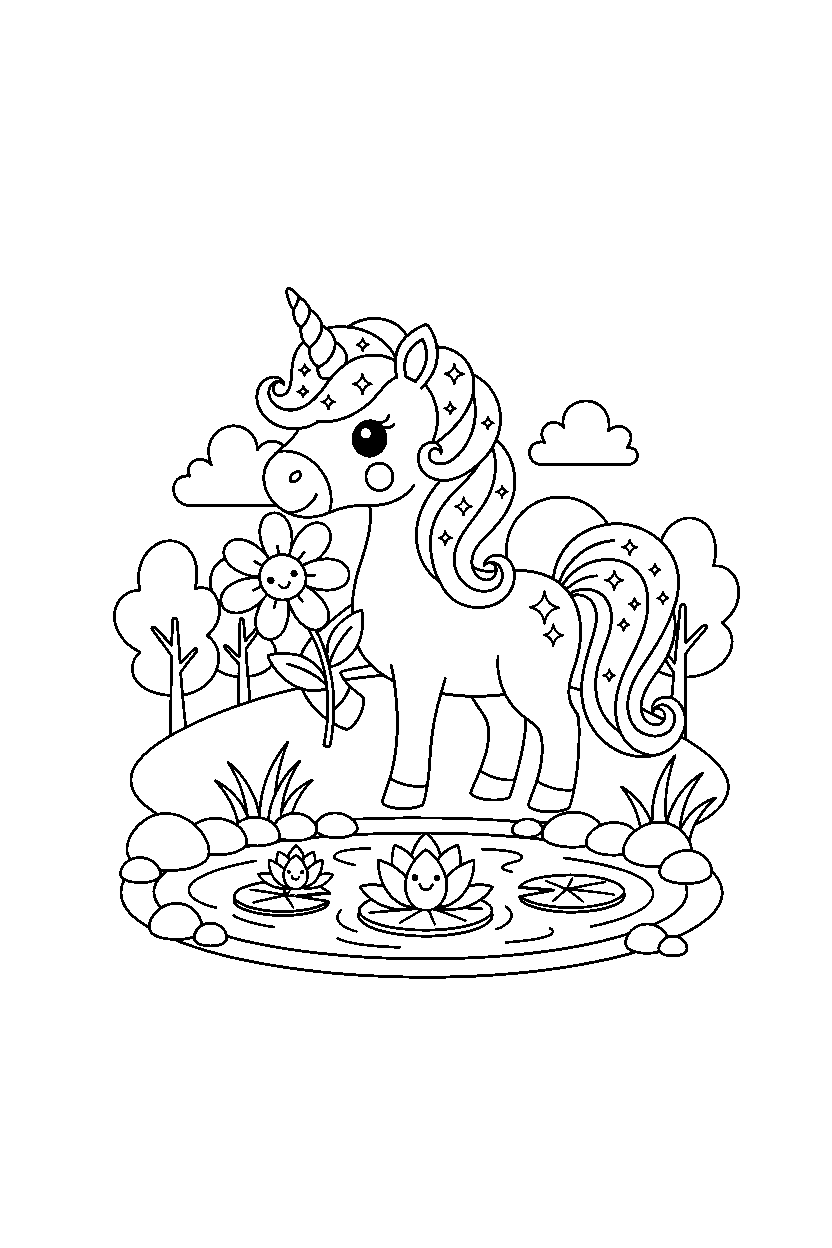 sparkle unicorn holding a flower near a peaceful pond line art