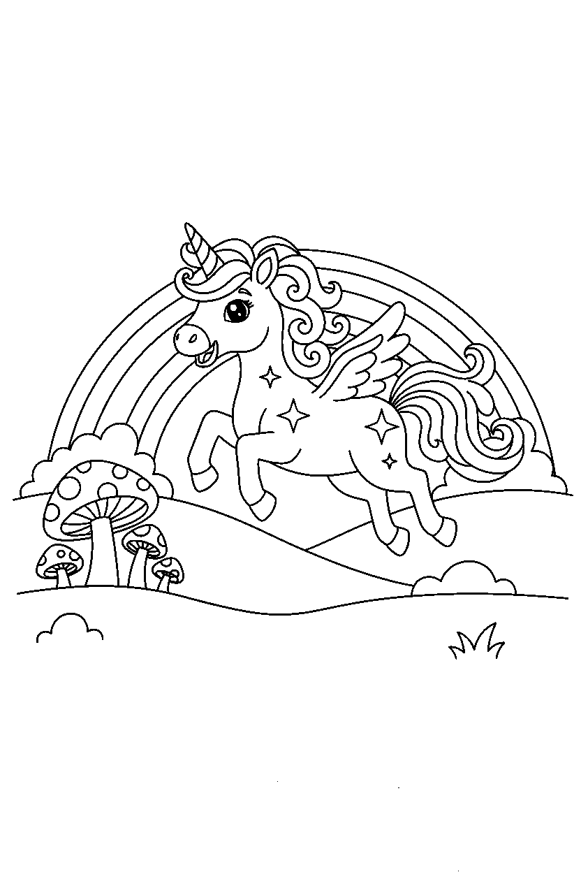 sparkle unicorn jumping happily in a fantasy land line art