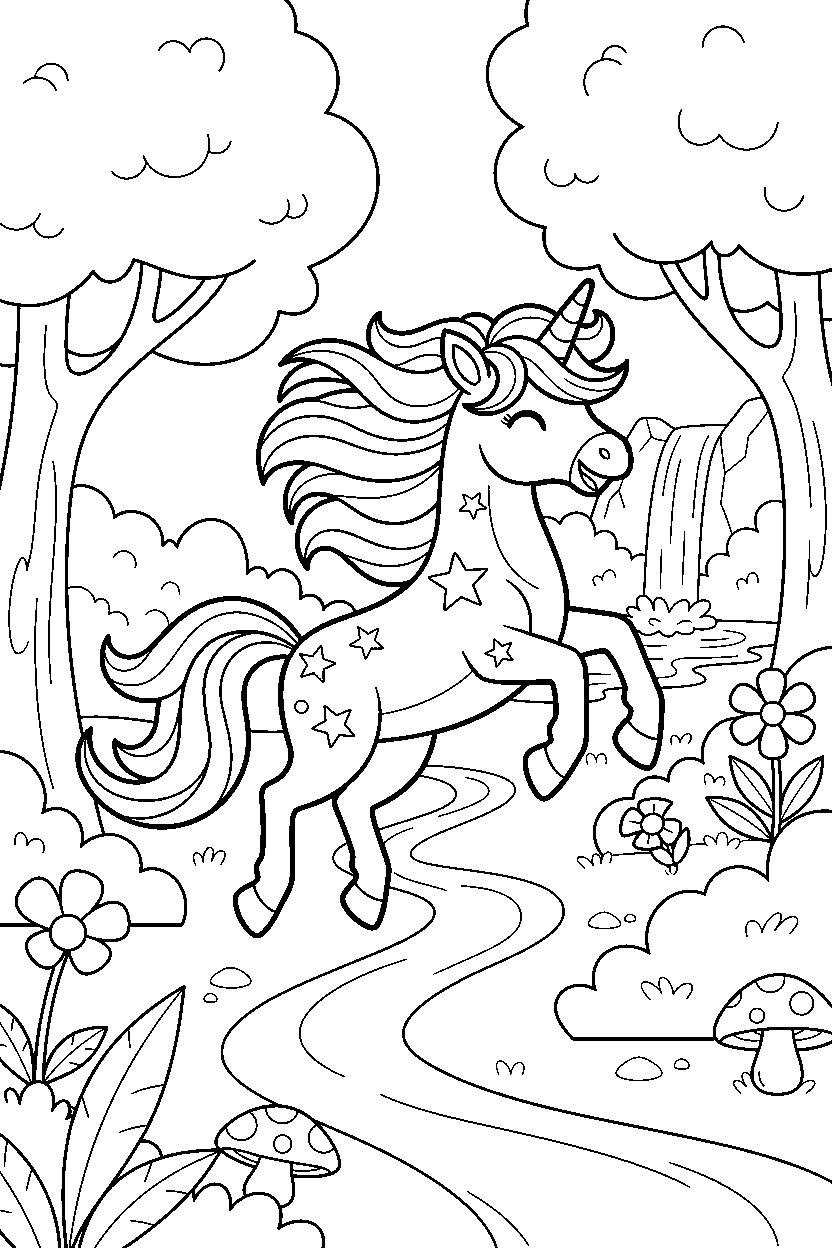 sparkle unicorn jumping with joy in a hidden forest line art