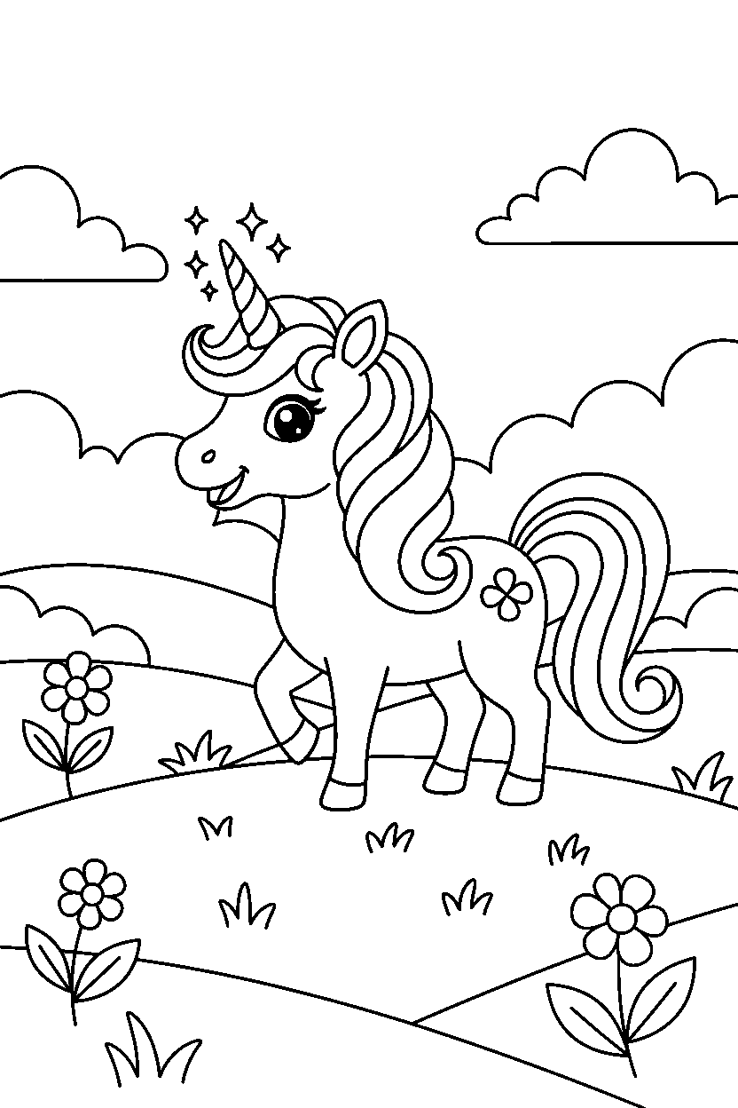 sparkle unicorn looking excited on a bright meadow line art