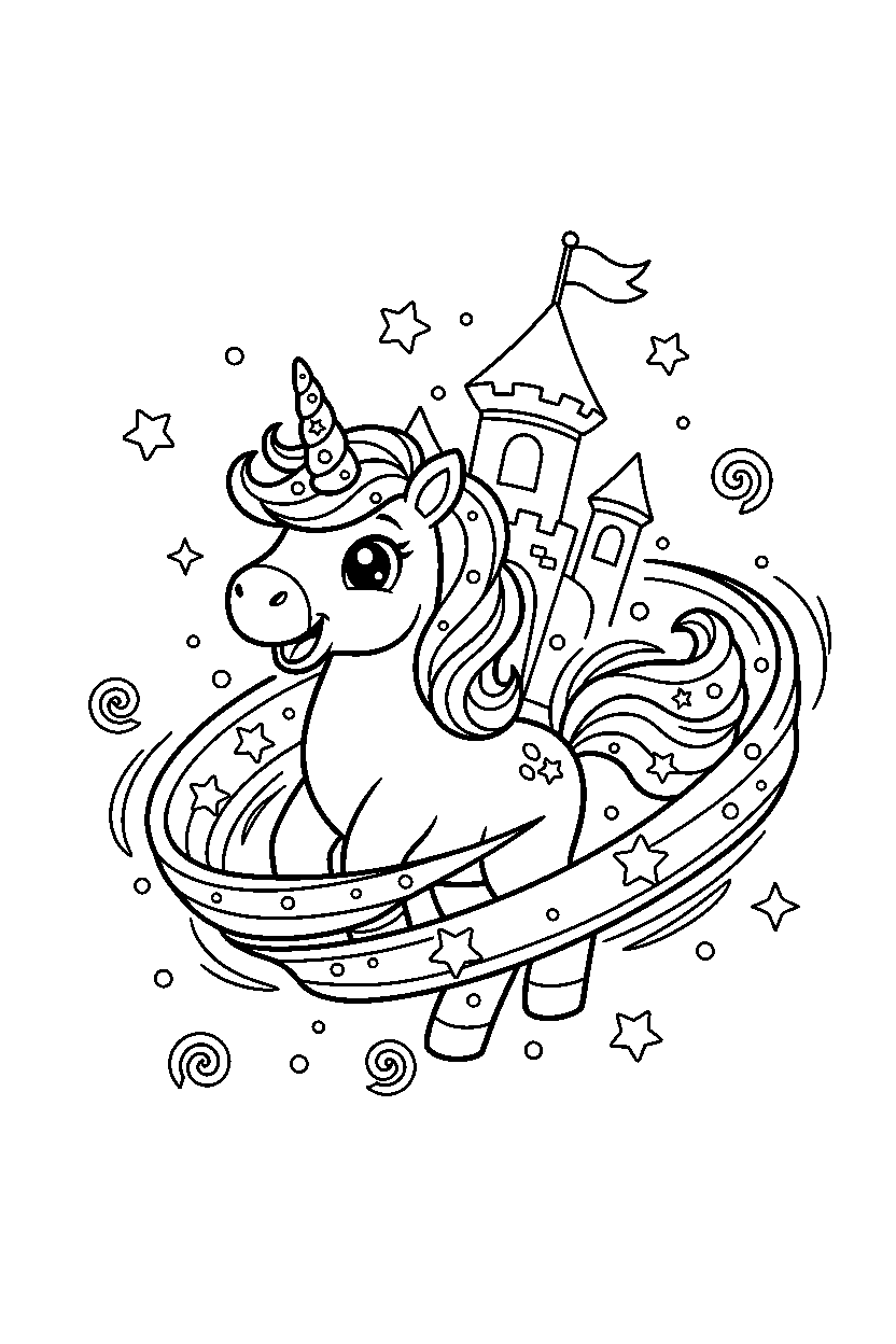 sparkle unicorn spinning happily near a castle line art