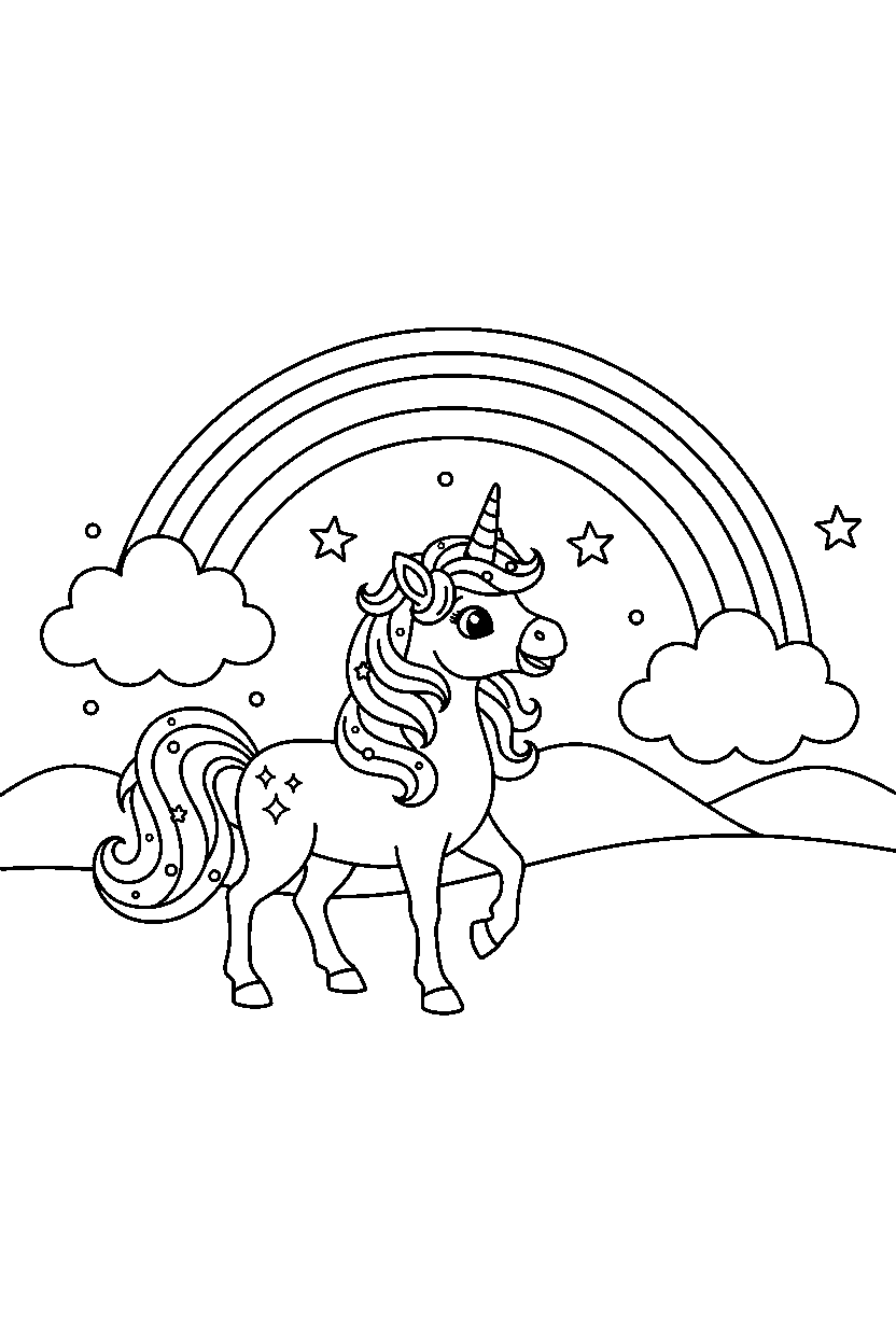 sparkle unicorn walking happily near a rainbow bridge line art