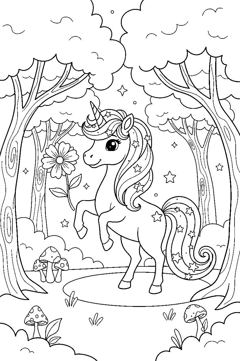 star unicorn holding a flower in a hidden forest line art
