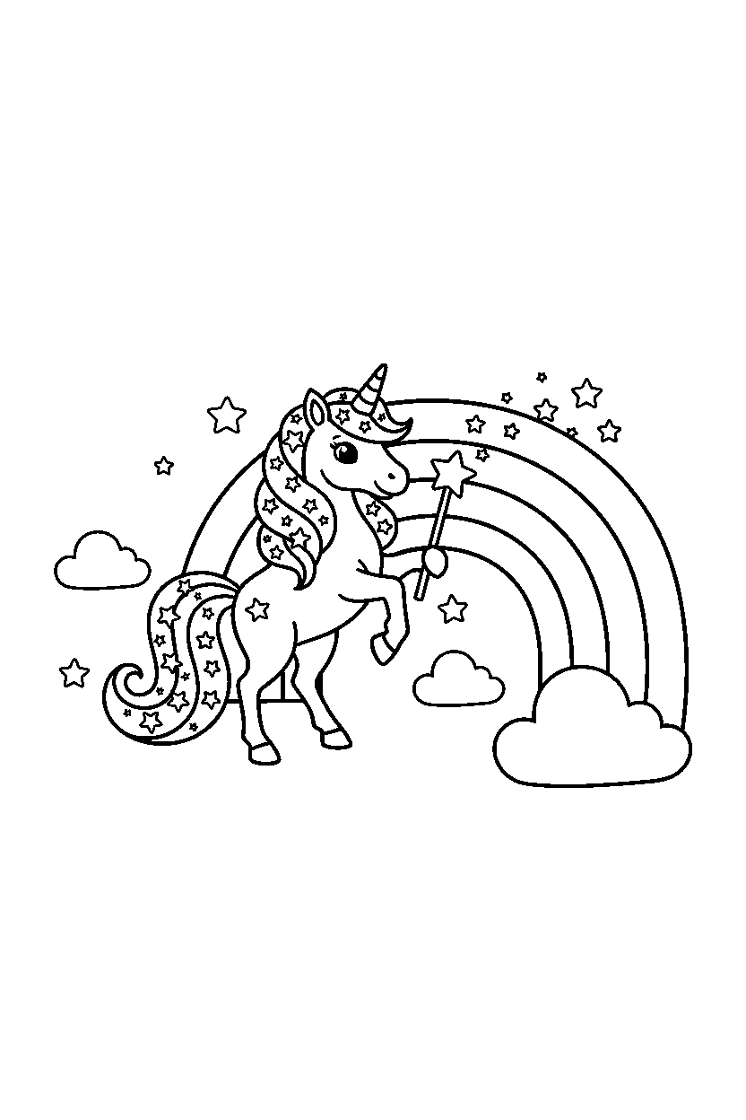 star unicorn holding a magic wand near a rainbow line art