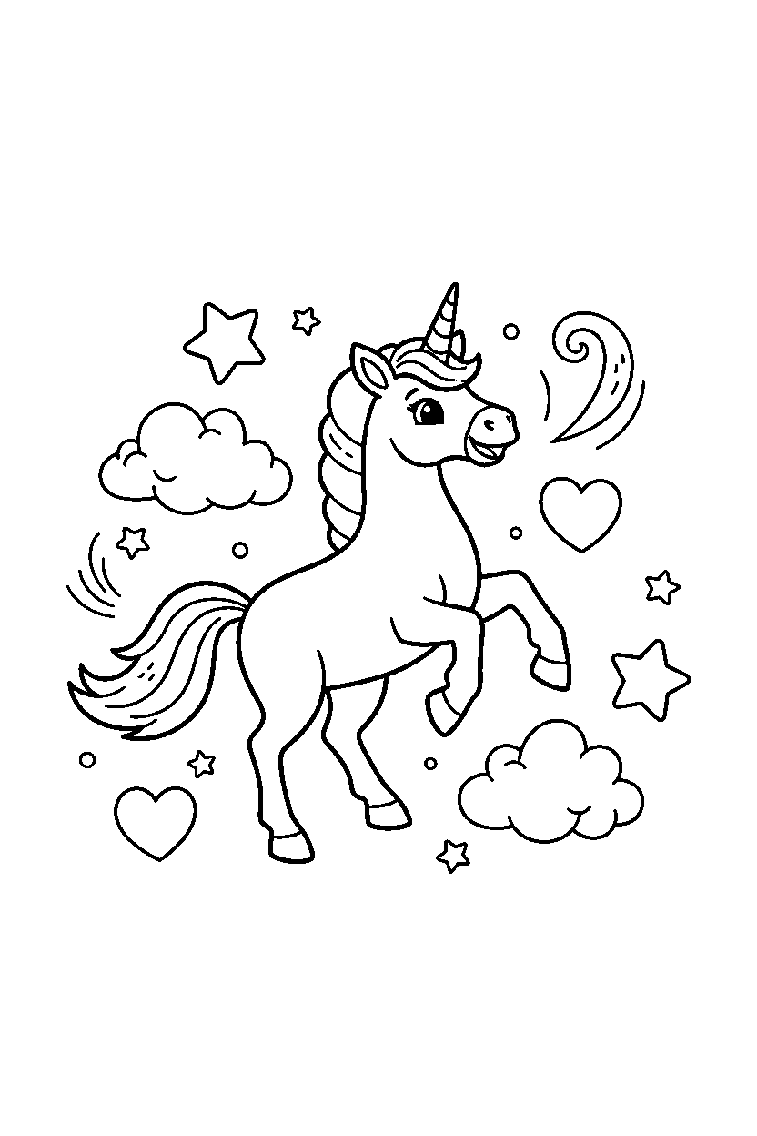 star unicorn prancing happily in a dream world line art