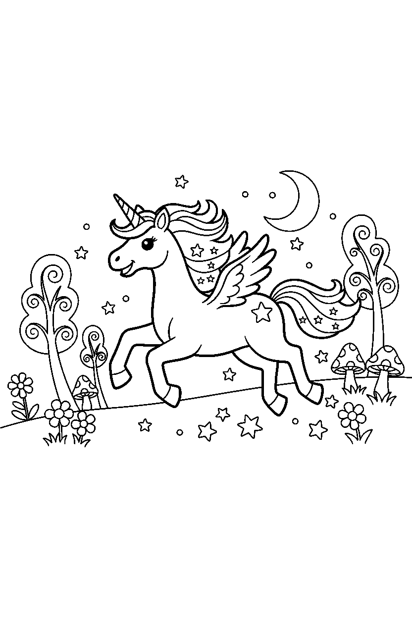 star unicorn running happily in an enchanted meadow line art