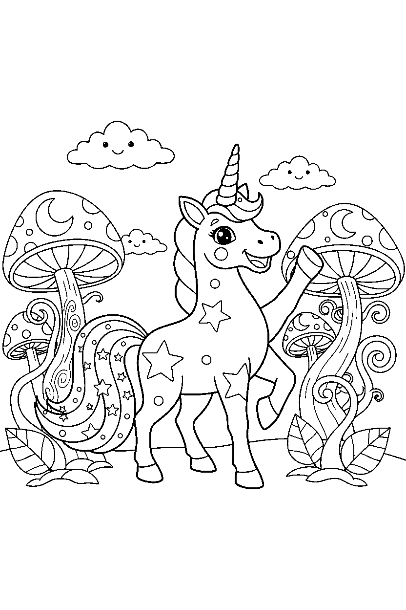 star unicorn waving happily in a magical forest line art