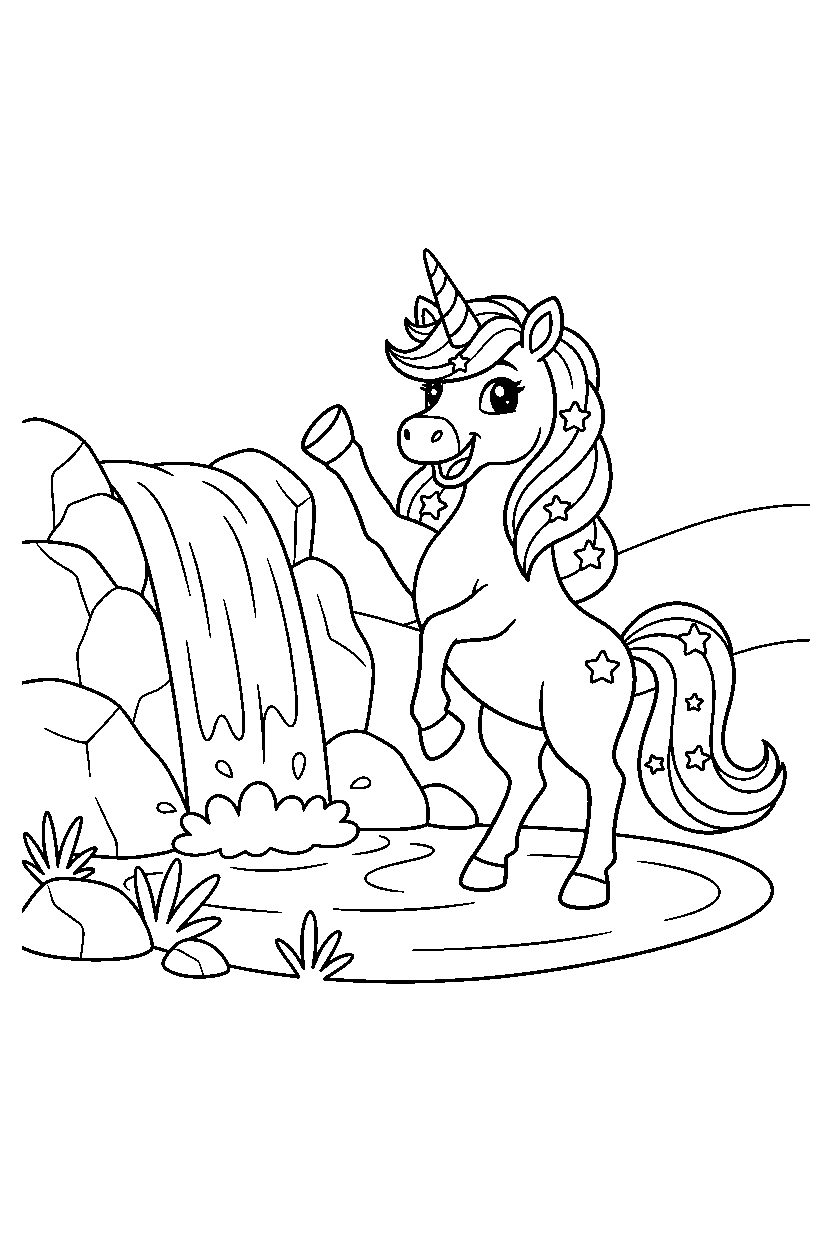 star unicorn waving happily near a waterfall line art
