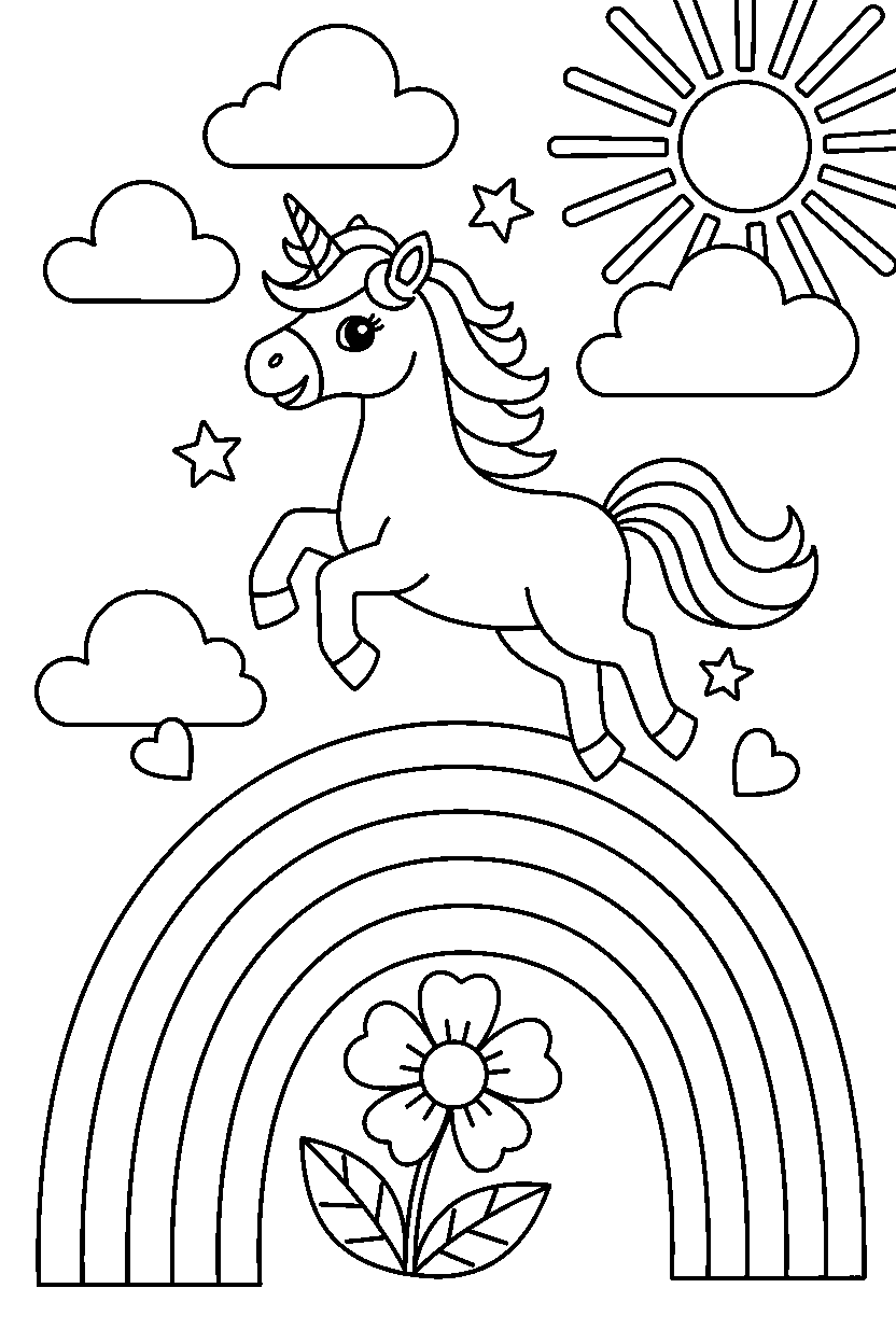 storybook unicorn celebrating happily on a rainbow hill line art