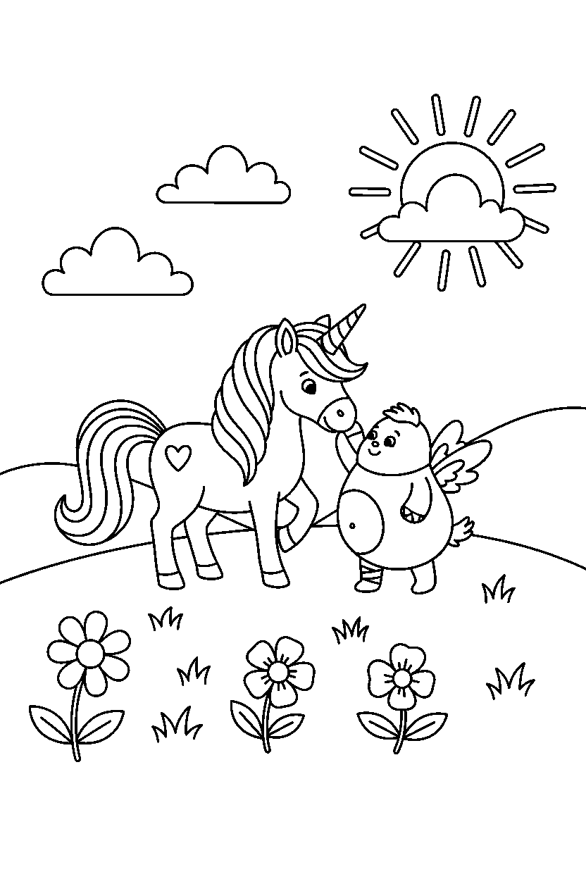 storybook unicorn helping a friend on a bright meadow line art