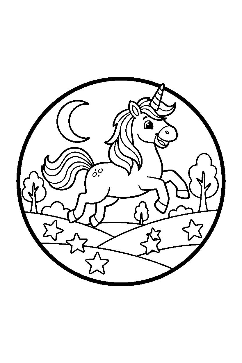 storybook unicorn jumping happily in a starry valley line art