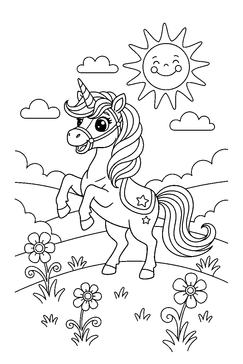 storybook unicorn looking excited on a sunny meadow line art