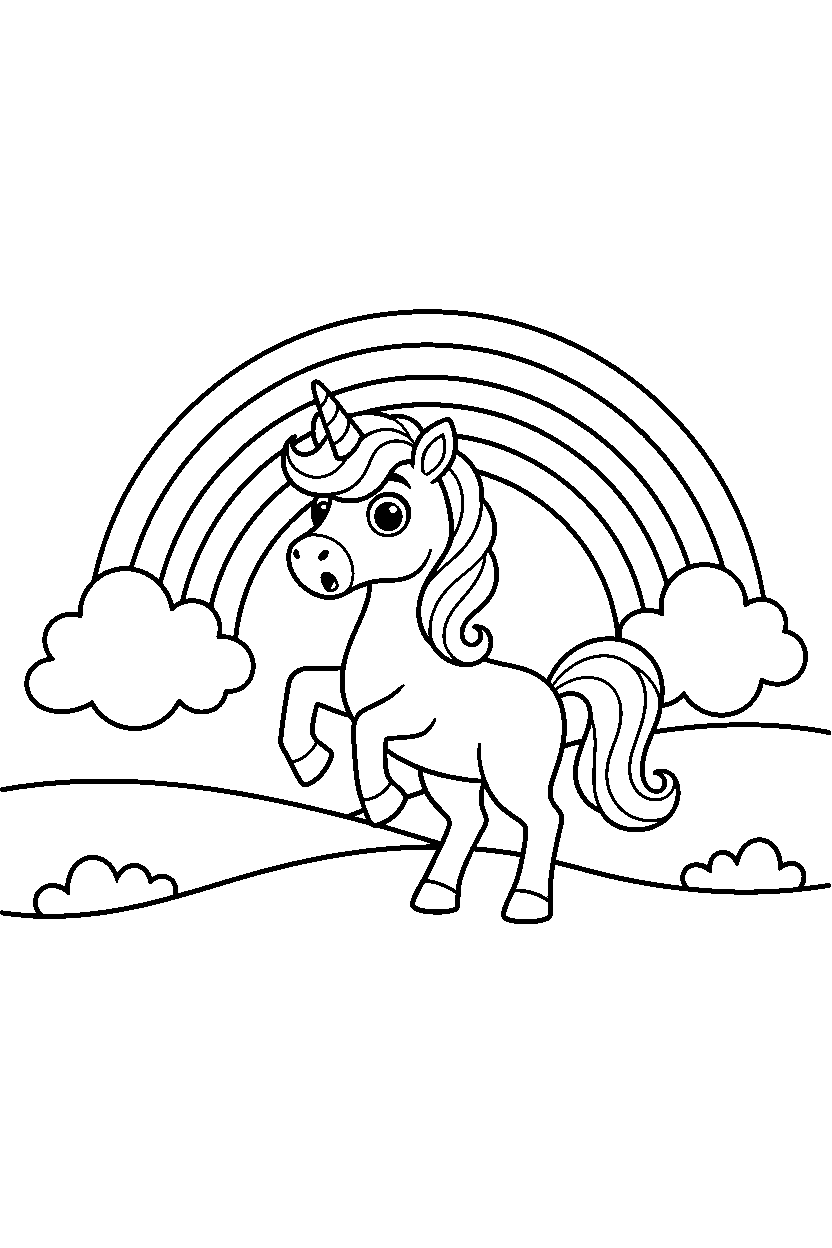 storybook unicorn looking surprised near a rainbow line art